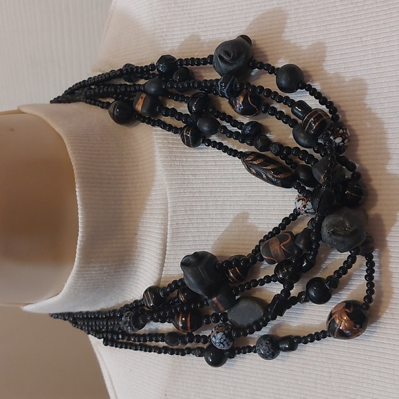 Vintage Jewelry - OOAK Unique Vintage Rare Multistrand Beaded Necklace w/ Ceramic Glass and Onyx